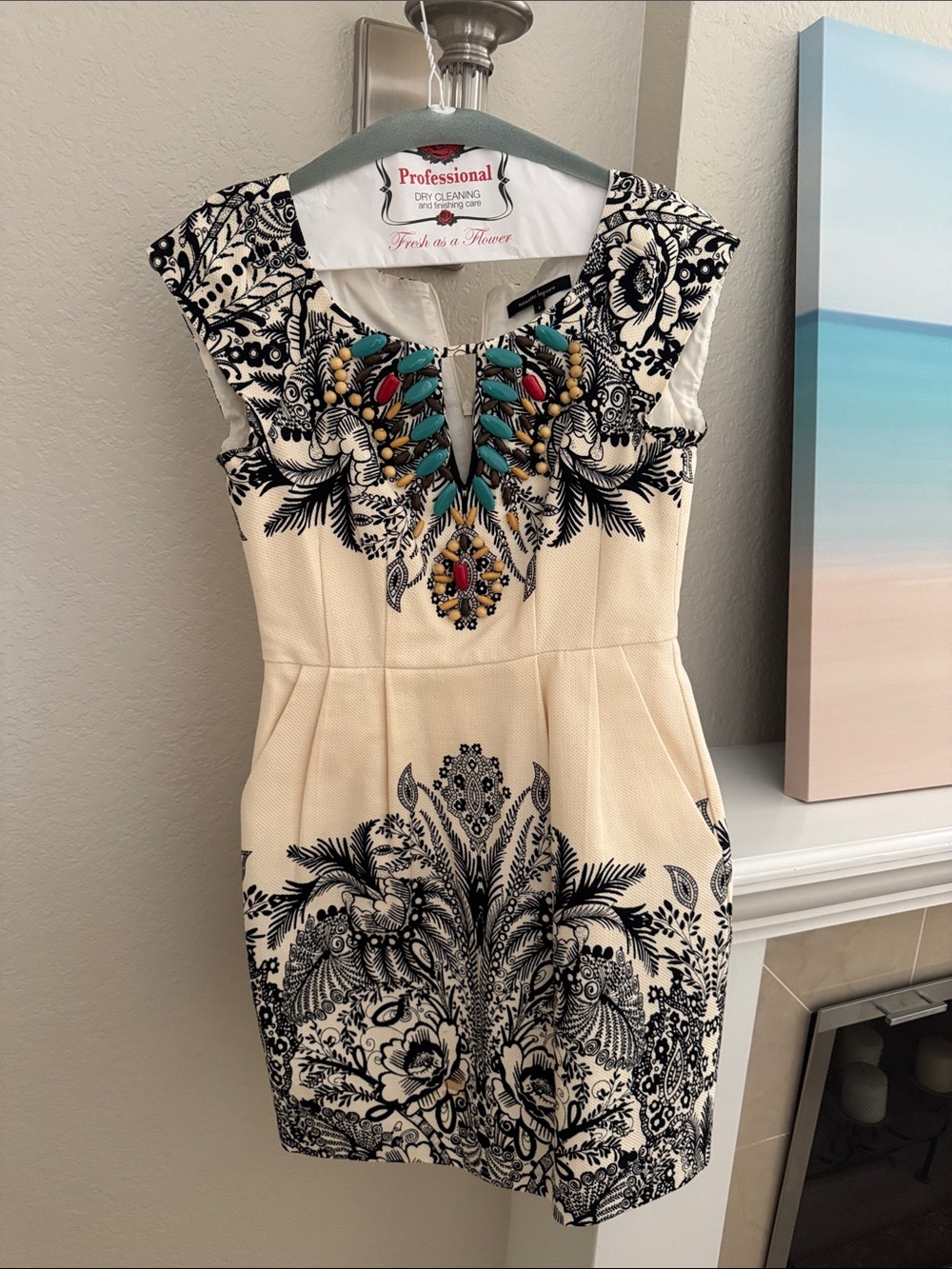 Nanette Lepore Cream Dress with Black Print & Multicolor Beaded Neckline